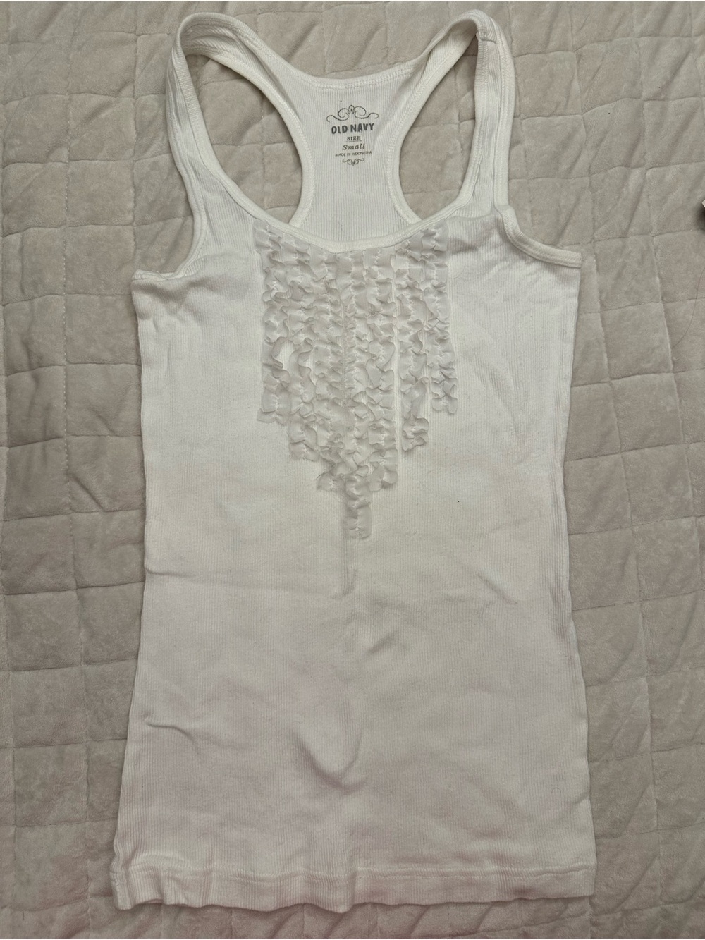Old Navy White Ribbed Racerback Tank with Front Ruffle Small - Picture 2 of 4